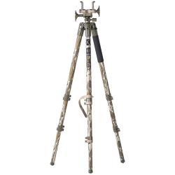 BOG DeathGrip Tripod in Mossy Oak Bottomland Camo – Adjustable 7" to 59" Height, Durable Aluminum Legs, Dual-Adjustment Clamping Head with Non-Marring Inserts, 360° Pan and 25° Cant, Integral Bubble Level, Retractable Steel Foot Spikes, 85 lb Lightweight