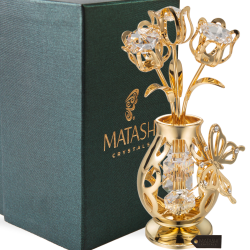 24K Gold Plated Crystal Studded Flower Ornament in a Vase with Decorative Butterfly by Matashi (Clear Crystals)