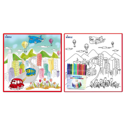 Kids Small Washable Coloring Play Mat with Bustling City Life Design, Along with 12 Washable Markers, the Perfect Alternative for Coloring Books Great for Boys and Girls by Dimple