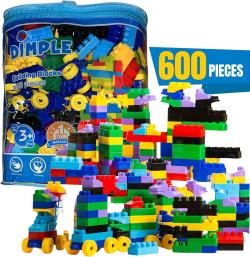 Pack of 600 Pieces Soft Kid-Friendly Plastic Multi Colored Building Block Set with Wheeled Train Pieces and Carry Bag, Tons of Fun, Great for Kids and Toddlers by Dimple