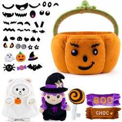 Dimple Create-A-Face Pumpkin Trick-or-Treat Basket Set for Kids – 40 Removable Felt Face Pieces, Witch and Ghost Plush Toys, 2 Crinkle Candies and Rattle Lollipop – Halloween Activity Playset