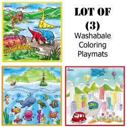 Lot of (3) - Large Washable Kids Coloring Play Mats, Fantastic Sea Life, City Life and Jurassic Dinosaur Era with Washable Markers, Great for Boys and Girls by Dimple