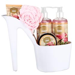 Draizee Heel Shoe Spa Gift Set – Rose Scented Bath Essentials Gift Basket With Shower Gel, Bubble Bath, Body Butter, Body Lotion and Soft EVA Bath Puff – Luxurious Home Relaxation Gifts For Women
