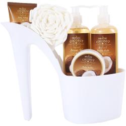 Draizee Heel Shoe Spa Gift Set – Coconut Scented Bath Essentials Gift Basket With Shower Gel, Bubble Bath, Body Butter, Body Lotion and Soft EVA Bath Puff – Luxurious Home Relaxation Gifts For Women
