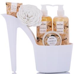 Draizee Heel Shoe Spa Gift Set – Vanilla Scented Bath Essentials Gift Basket With Shower Gel, Bubble Bath, Body Butter, Body Lotion and Soft EVA Bath Puff – Luxurious Home Relaxation Gifts For Women
