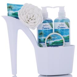 Draizee Heel Shoe Spa Gift Set – Clean Ocean Scented Bath Essentials Gift Basket With Shower Gel, Bubble Bath, Body Butter, Body Lotion and Soft EVA Bath Puff – Luxurious Home Relaxation Gifts For Women