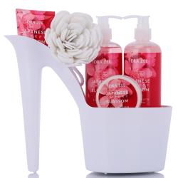 Draizee Heel Shoe Spa Gift Set – Cherry Blossom Scented Bath Essentials Gift Basket With Shower Gel, Bubble Bath, Body Butter, Body Lotion and Soft EVA Bath Puff – Luxurious Home Relaxation Gifts For Women