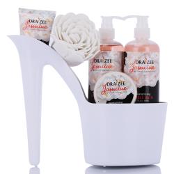 Draizee Heel Shoe Spa Gift Set – Jasmine Scented Bath Essentials Gift Basket With Shower Gel, Bubble Bath, Body Butter, Body Lotion and Soft EVA Bath Puff – Luxurious Home Relaxation Gifts For Women