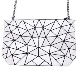 White Glossy Shoulder Handbag with Metal Chain and Stylish Geometric Design - Crossbody Messenger Bag Purse for Casual and Formal Use – Convertible, Lightweight and Durable Makeup Bag by Draizee