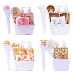 Draizee Set of 4 Heel Shoe Spa Gift Baskets –  Rose, Coconut, Citrus, White Tea Scented 20 Pcs Bath Essentials Baskets with Shower Gel, Bubble Bath, Body Butter and Lotion, Soft Bath Puff – #1 Christmas Gift Spa Basket for Women