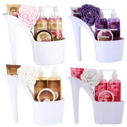 Draizee Set of 4 Heel Shoe Spa Gift Baskets – Rose, Cherry, Coconut, Lavender Scented 20 Pcs Bath Essentials Baskets with Shower Gel, Bubble Bath, Body Butter and Lotion, Soft Bath Puff – #1 Christmas Gift Spa Basket for Women