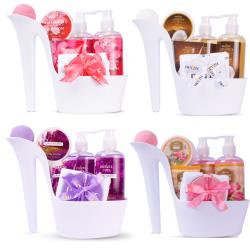 Draizee Set of 4 Heel Shoe Spa Gift Baskets – Rose, Cherry, Coconut, Lavender Scented 20 Pcs Bath Essentials Baskets with Shower Gel, Bubble Bath, Body Butter and Lotion, Soft Bath Puff – #1 Christmas Gift Spa Basket for Women