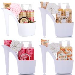 Draizee Set of 4 Heel Shoe Spa Gift Baskets – Rose, Cherry, Citrus, Vanilla Scented 20 Pcs Bath Essentials Baskets with Shower Gel, Bubble Bath, Body Butter and Lotion, Soft Bath Puff – #1 Christmas Gift Spa Basket for Women