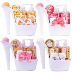 Draizee Set of 4 Heel Shoe Spa Gift Baskets – Rose, Cherry, Citrus, Vanilla Scented 20 Pcs Bath Essentials Baskets with Shower Gel, Bubble Bath, Body Butter and Lotion, Soft Bath Puff – #1 Christmas Gift Spa Basket for Women