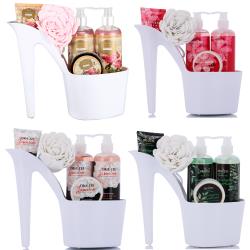 Draizee Set of 4 Heel Shoe Spa Gift Baskets –  Rose, Cherry, Spearmint, Jasmine Scented 20 Pcs Bath Essentials Baskets with Shower Gel, Bubble Bath, Body Butter and Lotion, Soft Bath Puff – #1 Christmas Gift Spa Basket for Women