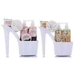 Draizee Spa Gift Basket for Women - Set of 2 Luxury Heel Shoe Spa Baskets 10 Pcs Jasmine, White Tea Scented Spa #1 Christmas Gift Set w Shower Gel, Bubble Bath, Body, Puff, Butter and Lotion