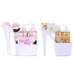 Draizee Spa Gift Basket for Women - Set of 2 Luxury Heel Shoe Spa Baskets 10 Pcs Jasmine, White Tea Scented Spa #1 Christmas Gift Set w Shower Gel, Bubble Bath, Body, Puff, Butter and Lotion