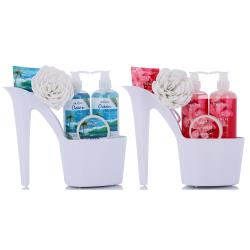 Draizee Spa Gift Basket for Women - Set of 2 Luxury Heel Shoe Spa Baskets 10 Pcs Cherry, Clean Ocean Scented Spa #1 Christmas Gift Set w Shower Gel, Bubble Bath, Body, Puff, Butter and Lotion