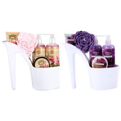 Draizee Spa Gift Basket for Women - Set of 2 Luxury Heel Shoe Spa Baskets 10 Pcs Rose, Lavender Scented Spa #1 Christmas Gift Set w Shower Gel, Bubble Bath, Body, Puff, Butter and Lotion