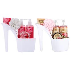 Draizee Spa Gift Basket for Women - Set of 2 Luxury Heel Shoe Spa Baskets 10 Pcs Rose, Cherry Scented Spa #1 Christmas Gift Set w Shower Gel, Bubble Bath, Body, Puff, Butter and Lotion