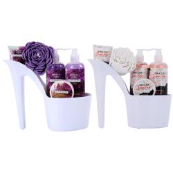 Draizee Spa Gift Basket for Women - Set of 2 Luxury Heel Shoe Spa Baskets 10 Pcs Jasmine, Lavender Scented Spa #1 Christmas Gift Set w Shower Gel, Bubble Bath, Body, Puff, Butter and Lotion