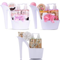 Draizee Set of 3 Heel Shoe Spa Gift Baskets – Rose, Jasmine, White Tea Scented 15 Pcs Bath Essentials Baskets with Shower Gel, Bubble Bath, Body Butter and Lotion, Soft Bath Puff – Christmas Gift Spa Basket for Women