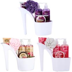 Draizee Set of 3 Heel Shoe Spa Gift Baskets – Rose, Cherry, Lavender Scented 15 Pcs Bath Essentials Baskets with Shower Gel, Bubble Bath, Body Butter and Lotion, Soft Bath Puff – Christmas Gift Spa Basket for Women