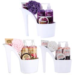 Draizee Set of 3 Heel Shoe Spa Gift Baskets – ose, Lavender, Jasmine Scented 15 Pcs Bath Essentials Baskets with Shower Gel, Bubble Bath, Body Butter and Lotion, Soft Bath Puff – Christmas Gift Spa Basket for Women