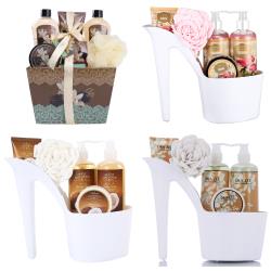 Draizee Set of 4 Heel Shoe Spa Gift Baskets –  Rose, Coconut, White Tea, Vanilla Scented 21 Pcs Bath Essentials Baskets with Shower Gel, Bubble Bath, Body Butter and Lotion, Soft Bath Puff – #1 Christmas Gift Spa Basket for Women