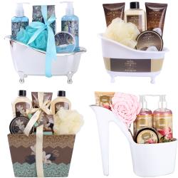 Draizee Set of 4 Heel Shoe Spa Gift Baskets –  Rose, Coconut, Ocean Mint, Vanilla Scented 21 Pcs Bath Essentials Baskets with Shower Gel, Bubble Bath, Body Butter and Lotion, Soft Bath Puff – #1 Christmas Gift Spa Basket for Women