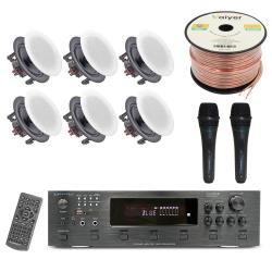 Vaiyer Sound System Kit - 6 Channel 6000 Watts Bluetooth Amplifier w 6 QTY of 525" Frameless Ceiling Speakers 175W Each, 2 QTY of Wired Mic, 250 ft Speaker Wire and Remote - for Living Room, Office, Bar