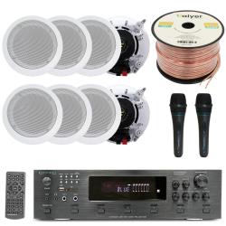 Home Stereo System Kit - 6 Channel 6000 W Bluetooth Amplifier w 8 QTY of 65" in-Wall in-Ceiling Speakers 200W Each, 2 QTY of Wired Mic, 500 ft Speaker Wire and Remote by Vaiyer
