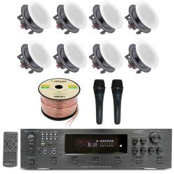 Premium Home Audio System Kit - 6 Channel 6000 W Bluetooth Amplifier w 8 QTY of 65" Frameless in-Wall in-Ceiling Speakers 200W Each, 2 QTY of Wired Mic, 500 ft Speaker Wire and Remote by Vaiyer