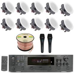 Home Audio System Kit - 6 Channel 6000 W Bluetooth Amplifier w 10 QTY of 65" Frameless in-Wall in-Ceiling Speakers 200 W Each, 2 QTY of Wired Mic, 500 ft Speaker Wire and Remote by Vaiyer