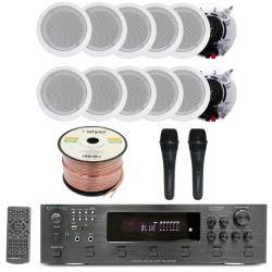Home Audio System Kit - 6 Channel 6000 W Bluetooth Amplifier w 12 QTY of 65" in-Wall in-Ceiling Speakers 200 W Each, 2 QTY of Wired Mic, 500 ft Speaker Wire and Remote by Vaiyer