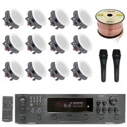 Ultimate Home Theater Sound System Kit - 6 Channel 6000 W Bluetooth Amplifier w 12 QTY of 65" Frameless in-Wall in-Ceiling Speakers 200 W Each, 2 QTY of Wired Mic, 500 ft Speaker Wire and Remote by Vaiyer