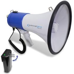 Technical Pro Rechargeable Portable 75-Watt Blue Megaphone Bullhorn Speaker w Siren and Detachable Microphone - Battery wBattery a Built-In AC Wall Charger, Good for Trainers, Coaches, Cheer Leaders