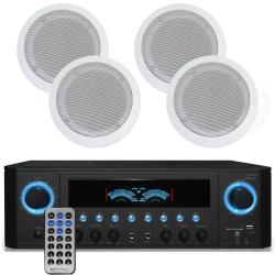 Technical Pro 1000 Watts Home Stereo Receiver w 4 QTY 525" 8 Ohm 175 Watts Speakers, Flush Mount in-Wall in-Ceiling 2-Way Mid Bass Woofer Speakers Perfect for Home, Office, Living Room