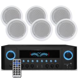 Technical Pro 1000 Watts Home Stereo Receiver w 6 QTY 525" 8 Ohm 175 Watts Speakers, Flush Mount in-Wall in-Ceiling 2-Way Mid Bass Woofer Speakers Perfect for Home, Office, Living Room