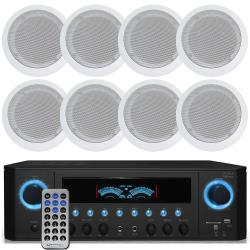 Technical Pro 1000 Watts Home Stereo Receiver w 8 QTY 525" 8 Ohm 175 Watts Speakers, Flush Mount in-Wall in-Ceiling 2-Way Mid Bass Woofer Speakers Perfect for Home, Office, Living Room