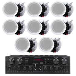 Technical Pro 4 Channel 1000 Watts 8 Speaker Bluetooth Receiver with RCA, USB with 4 Pairs of 525” Ceiling Wall Mount Frame-less Speakers - 2-Way Mid bass Woofer Speaker 05 Mylar tweeters Flush Design w 80Hz - 20kHz