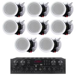 Technical Pro 4 Channel 1000 Watts 8 Speaker Bluetooth Receiver with RCA, USB with 4 Pairs of 525” Ceiling Wall Mount Frame-less Speakers - 2-Way Mid bass Woofer Speaker 05 Mylar tweeters Flush Design w 80Hz - 20kHz