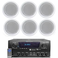 Technical Pro 1000 Watts 4 Channel Bluetooth Receiverr w 6 QTY 525" 8 Ohm 175 Watts Speakers, Flush Mount in-Wall in-Ceiling 2-Way Mid Bass Woofer Speakers for Home, Office, Living Room