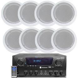 Technical Pro 1000 Watts 4 Channel Bluetooth Receiverr w 8 QTY 525" 8 Ohm 175 Watts Speakers, Flush Mount in-Wall in-Ceiling 2-Way Mid Bass Woofer Speakers for Home, Office, Living Room