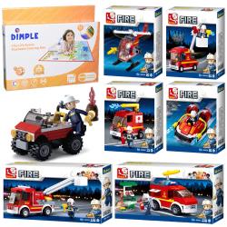 Sluban Kids Fire Truck, Fire Jeep, Fire Truck Bucket Truck, Fire Boat,  Fire Truck Water Tender, Fire Helicopter, and Fire Truck with Gas Station Building Blocks Set 653 Pcs and Dimple Kids Small Washable Coloring Play Mat with 12 Washable Markers