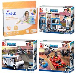 Sluban Kids Police Station, K9 Dog, Police Headquarters, Police Tank Chase, SWAT Police Car, Helicopter, Boat Hoovercraft, Police Prisoner Transporter Building Blocks Building Toy 1117 Pcs and Dimple Kids Small Washable Coloring Play Mat with 12 Markers