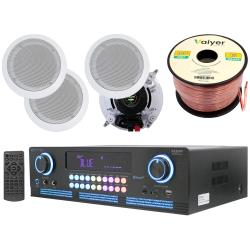 Home Theater System Kit - 2000 Watts Bluetooth Amplifier with 65" 4 QTY of 200 W in-Wall in-Ceiling Speakers and 16 Gauge 100 ft Spool of Speaker Zip Wire by Technical Pro