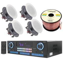 Home Theater System Kit - 2000 Watts Bluetooth Amplifier with 65" 4 QTY 200 Watts in-Wall in-Ceiling Speakers and 16 Gauge 100 ft Speaker Wire by Technical Pro