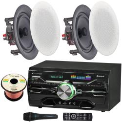 Technical Pro All-In-One Home Theater Kit  - 2 Channel 2000 W Bluetooth Amplifier w 2 QTY of 525" Frameless Ceiling Speakers 175W Each, Mic, 50 ft Speaker Wire and Remote for Home, Office, Restaurant