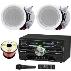 Technical Pro Home Stereo Kit  - 2 Channel 2000 W Bluetooth Amplifier, w 2 QTY of 8" Framed Ceiling Speakers 300 W Each, Mic, 50 ft Speaker Wire and Remote for Office, Restaurant, and Commercial Use